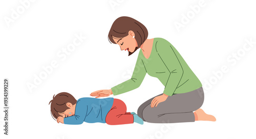 Modern vector illustration of child having tantrum while calm mother kneels and speaks gently. Positive parenting and emotional regulation concept for family education and child development