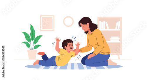 Modern vector illustration of child having tantrum while calm mother kneels and speaks gently. Positive parenting and emotional regulation concept for family education and child development