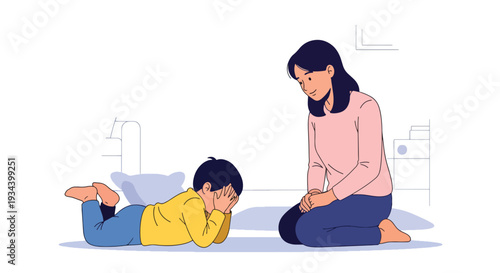 Modern vector illustration of child having tantrum while calm mother kneels and speaks gently. Positive parenting and emotional regulation concept for family education and child development