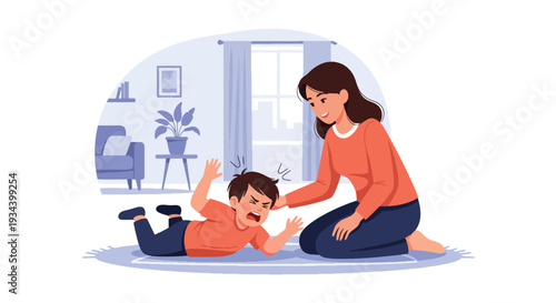 Modern vector illustration of child having tantrum while calm mother kneels and speaks gently. Positive parenting and emotional regulation concept for family education and child development