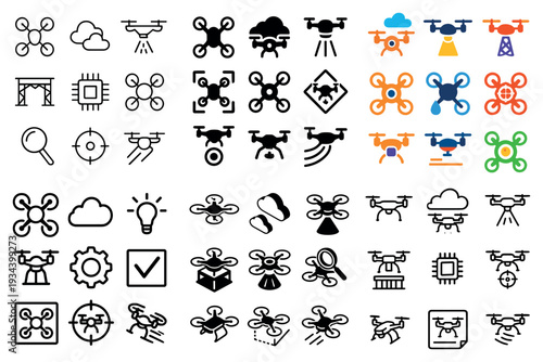 Drone technology icons with drone propeller camera flat