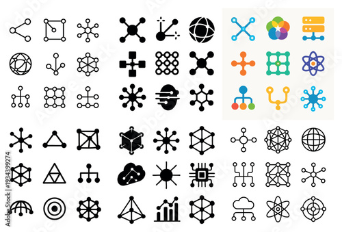 Network icons with globe nodes and molecules flat minimal