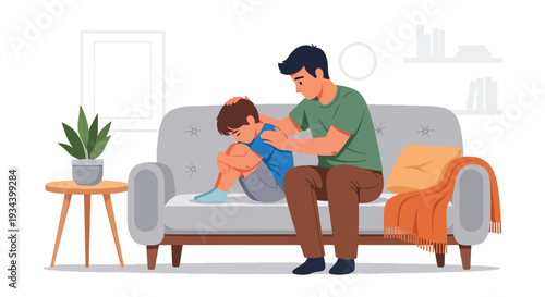 Modern vector illustration of father comforting sad child sitting on sofa at home. Emotional support, empathy and healthy parenting concept for family bonding and child mental wellbeing