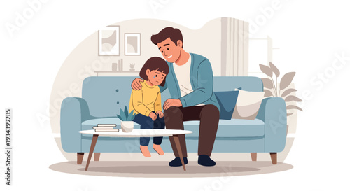 Modern vector illustration of father comforting sad child sitting on sofa at home. Emotional support, empathy and healthy parenting concept for family bonding and child mental wellbeing