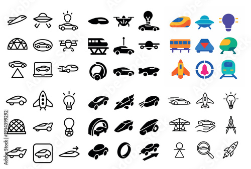 Transport icons with car rocket ufo minimal