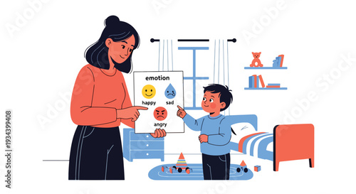 Modern vector illustration of mother teaching child about emotions using feeling chart with happy and angry icons. Emotional intelligence education and parenting guidance concept