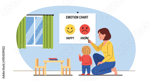 Modern vector illustration of mother teaching child about emotions using feeling chart with happy and angry icons. Emotional intelligence education and parenting guidance concept