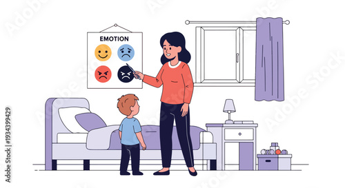 Modern vector illustration of mother teaching child about emotions using feeling chart with happy and angry icons. Emotional intelligence education and parenting guidance concept