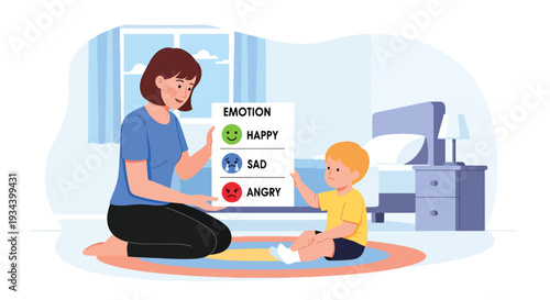 Modern vector illustration of mother teaching child about emotions using feeling chart with happy and angry icons. Emotional intelligence education and parenting guidance concept