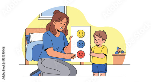 Modern vector illustration of mother teaching child about emotions using feeling chart with happy and angry icons. Emotional intelligence education and parenting guidance concept