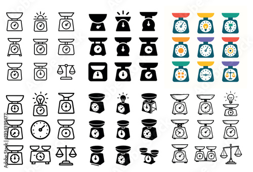 Weighing icons with scale dial balance minimal