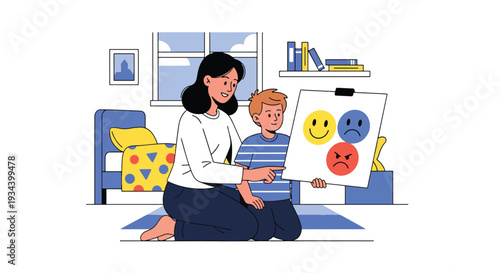 Modern vector illustration of mother teaching child about emotions using feeling chart with happy and angry icons. Emotional intelligence education and parenting guidance concept