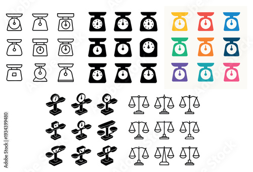 Kitchen scale icons with dial balance flat
