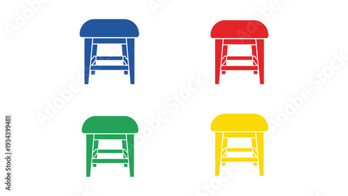Four colorful stools displayed in a grid layout with different top colors