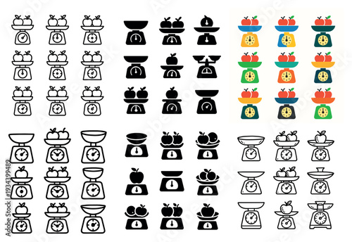 Kitchen icons with scale apple bowl minimal