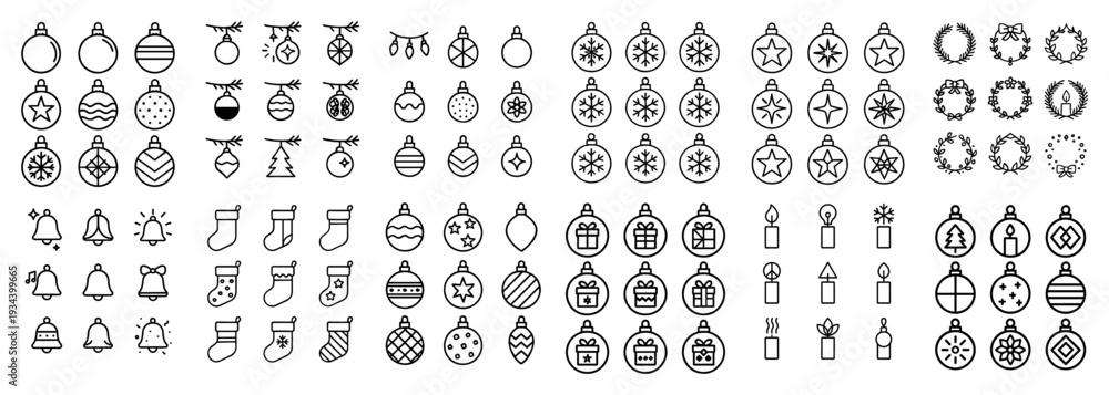 Fototapeta premium Holiday icons with bauble bell wreath outline