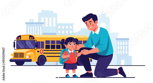 Modern vector illustration of father encouraging nervous child before first day of school. Confidence building and supportive parenting concept for childhood education success