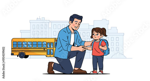 Modern vector illustration of father encouraging nervous child before first day of school. Confidence building and supportive parenting concept for childhood education success