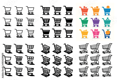 Shopping icons with cart trolley basket realistic
