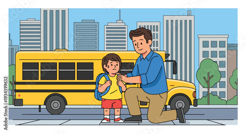 Modern vector illustration of father encouraging nervous child before first day of school. Confidence building and supportive parenting concept for childhood education success