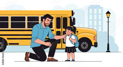 Modern vector illustration of father encouraging nervous child before first day of school. Confidence building and supportive parenting concept for childhood education success