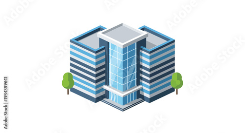 Isometric illustration of a modern office building with a blue color scheme