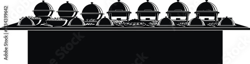 Buffet table silhouette illustration, catering setup with chafing dishes, serving trays vector art, hospitality concept, food service arrangement, dining event design