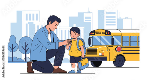 Modern vector illustration of father encouraging nervous child before first day of school. Confidence building and supportive parenting concept for childhood education success