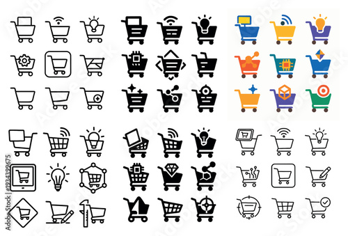 Shopping icons with cart and light bulb colorful flat