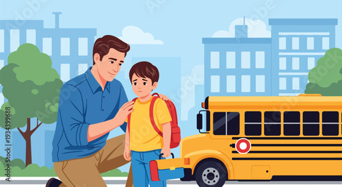 Modern vector illustration of father encouraging nervous child before first day of school. Confidence building and supportive parenting concept for childhood education success