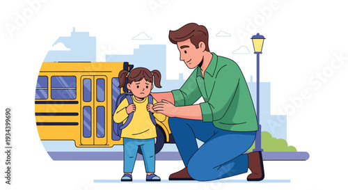 Modern vector illustration of father encouraging nervous child before first day of school. Confidence building and supportive parenting concept for childhood education success