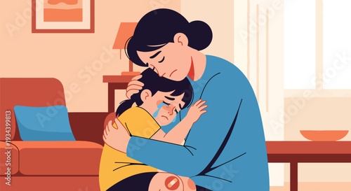 Modern vector illustration of parent hugging crying child after small accident at home. Emotional comfort, empathy and positive parenting support concept for child wellbeing