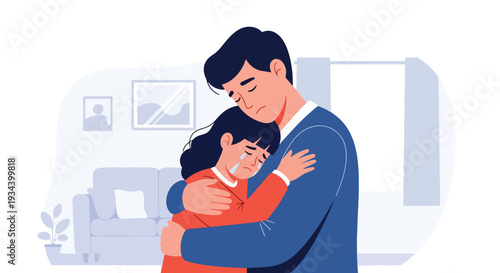 Modern vector illustration of parent hugging crying child after small accident at home. Emotional comfort, empathy and positive parenting support concept for child wellbeing