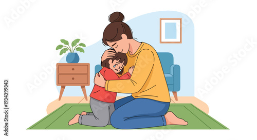 Modern vector illustration of parent hugging crying child after small accident at home. Emotional comfort, empathy and positive parenting support concept for child wellbeing