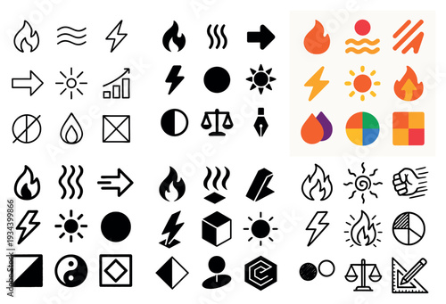 Energy icons with flame sun lightning colorful