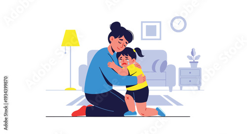 Modern vector illustration of parent hugging crying child after small accident at home. Emotional comfort, empathy and positive parenting support concept for child wellbeing