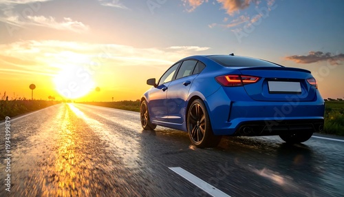 Blue car drives on a highway towards a golden sunset with bright sun glare on asphalt and vibrant skies