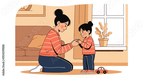 Modern vector illustration of mother teaching child to apologize after mistake. Social skill education and positive parenting guidance concept for emotional development