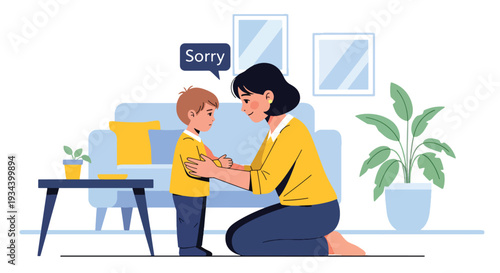 Modern vector illustration of mother teaching child to apologize after mistake. Social skill education and positive parenting guidance concept for emotional development