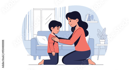Modern vector illustration of mother teaching child to apologize after mistake. Social skill education and positive parenting guidance concept for emotional development