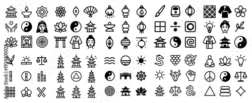Temple icons with pagoda torii yinyang outline