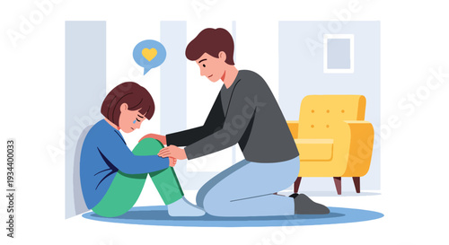 Modern vector illustration of parent comforting child feeling lonely at home. Mental health awareness and emotional support parenting concept for family wellbeing
