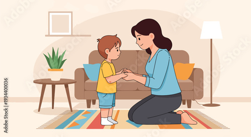 Modern vector illustration of mother teaching child to apologize after mistake. Social skill education and positive parenting guidance concept for emotional development