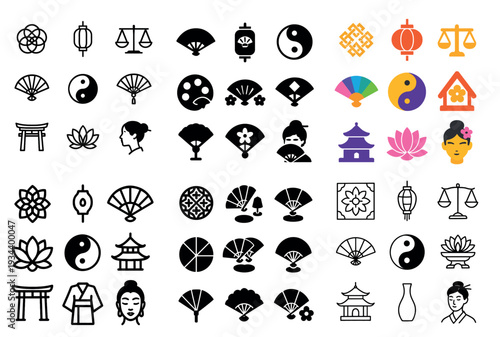 Asian icons with fan lantern yin yang outline