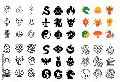 Oriental icons with dragon yin yang lantern flat