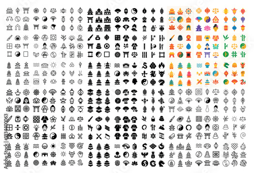 Asian icons with pagoda lantern yin minimal