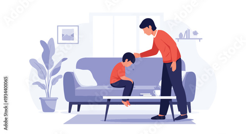 Modern vector illustration of parent comforting child feeling lonely at home. Mental health awareness and emotional support parenting concept for family wellbeing