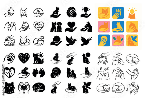 Pet care icons with cat paw hand friendly