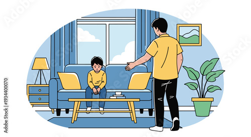 Modern vector illustration of parent comforting child feeling lonely at home. Mental health awareness and emotional support parenting concept for family wellbeing