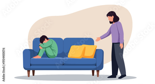 Modern vector illustration of parent comforting child feeling lonely at home. Mental health awareness and emotional support parenting concept for family wellbeing